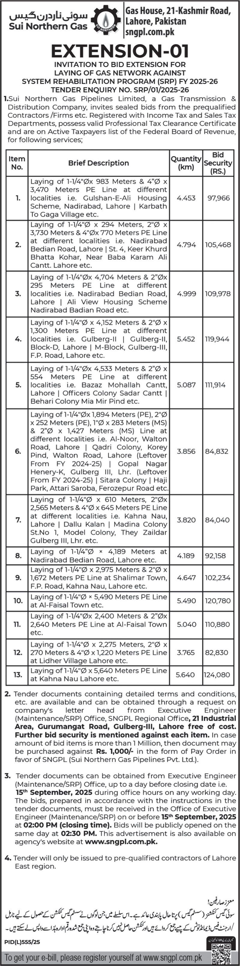 Sui Northern Gas Company Limited Lahore Tender Notice